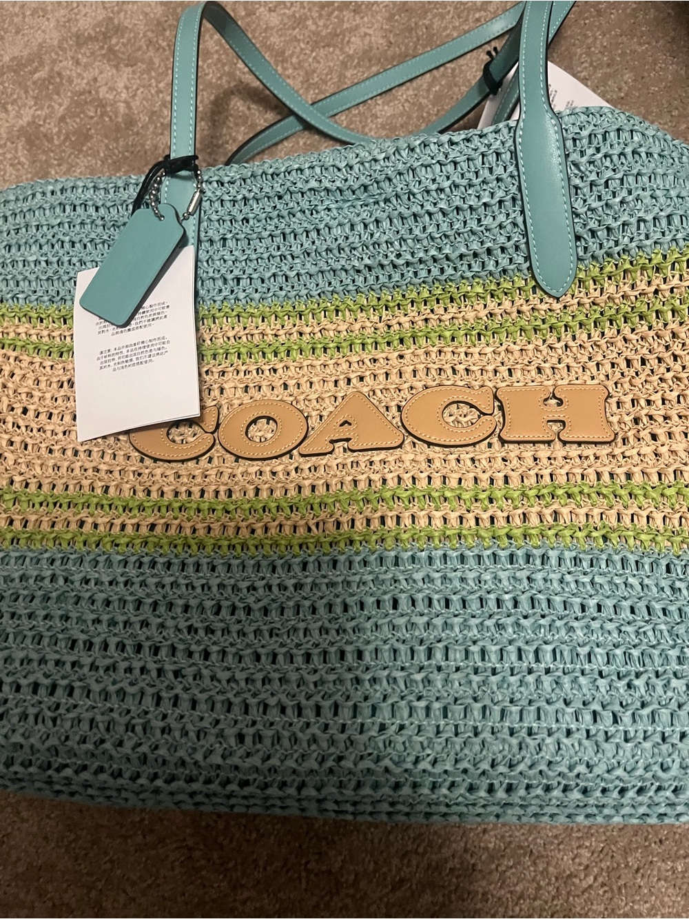 MWT Coach Straw Tote in Turquoise multi color